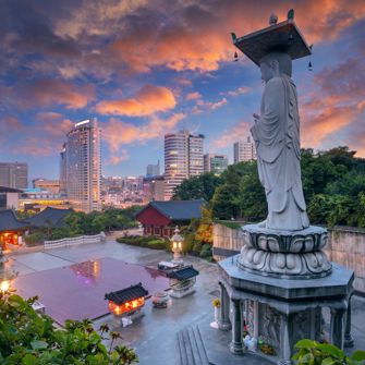 Sydkorea Seoul Gangnam Bongeunsa Tempel Solnedgang