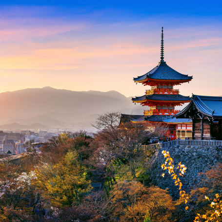 Kyoto Kiyomizu Temple And Red Pagoda Sunset