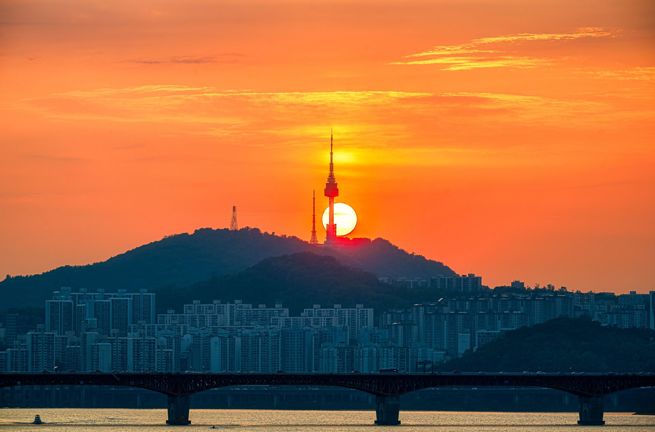 Sydkorea Seoul Tower Solnedgang Jamsil Park Han River Namsan Mountain