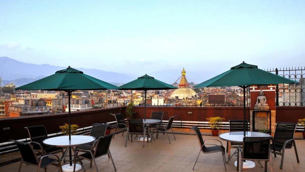 Nepal Kathmandu Hotel Tibet International Terrasse Udsigt Stupa 1